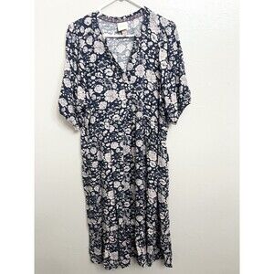 KNOX ROSE size XL  Navy Blue & Blush Floral Boho Maxi Dress with Short Sleeves